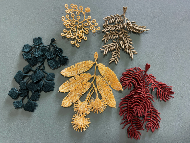 Nature inspired hanging embroidery brooches in different colors and shapes